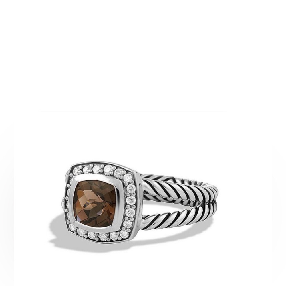 David Yurman Sterling Silver 7mm Albion Ring Smoky Quartz & Diamonds size 5.75
